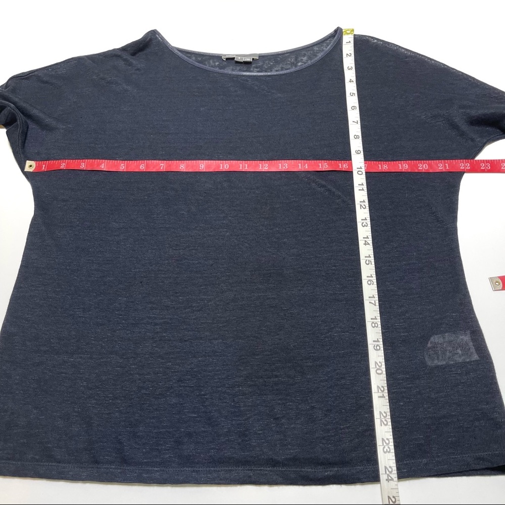 Vince Linen And Lamb Leather Trimmed Long Sleeve Top Navy Blue Size Small - Picture 7 of 7
